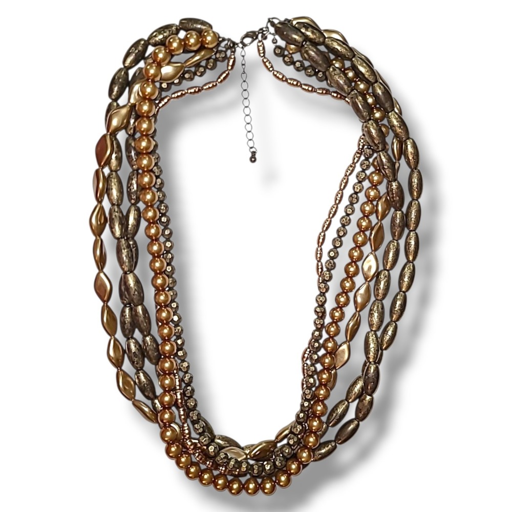 Multi Strand Faux Pearl Bead Necklace Mixed Metal‎ Bronze Gold Layered 19"
